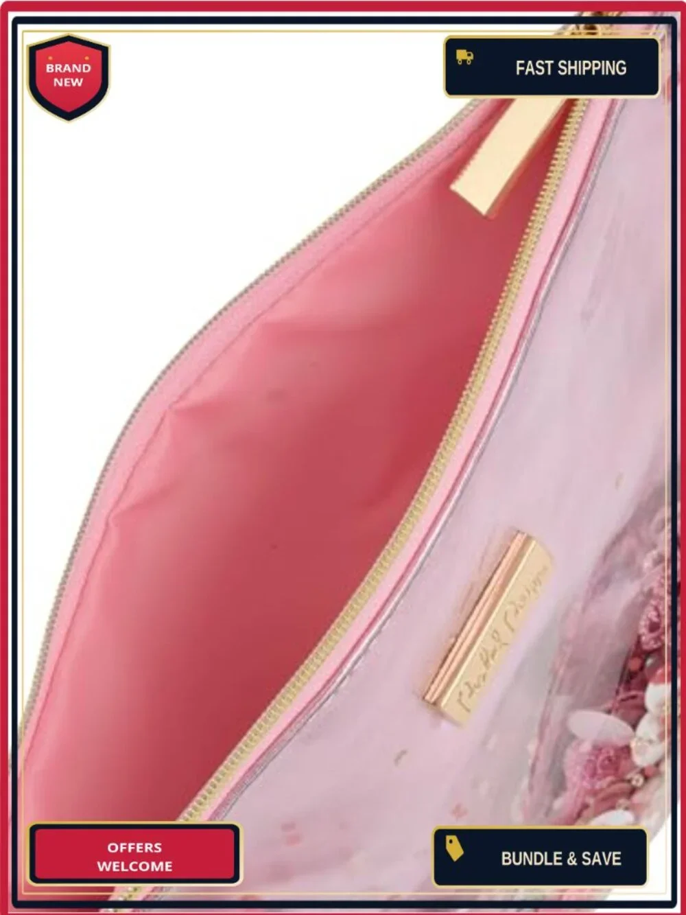 Pink Bow Confetti Metallic Leatherette Cosmetic Pouch Makeup Bag Organizer